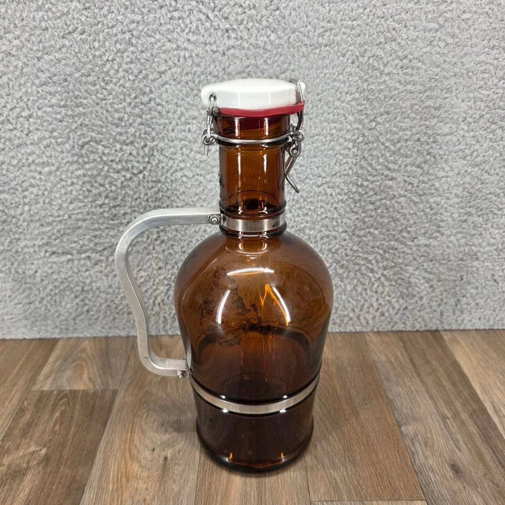 Vintage Amber Glass Beer Growler with Metal Handle and Swing Top Lid 12.5